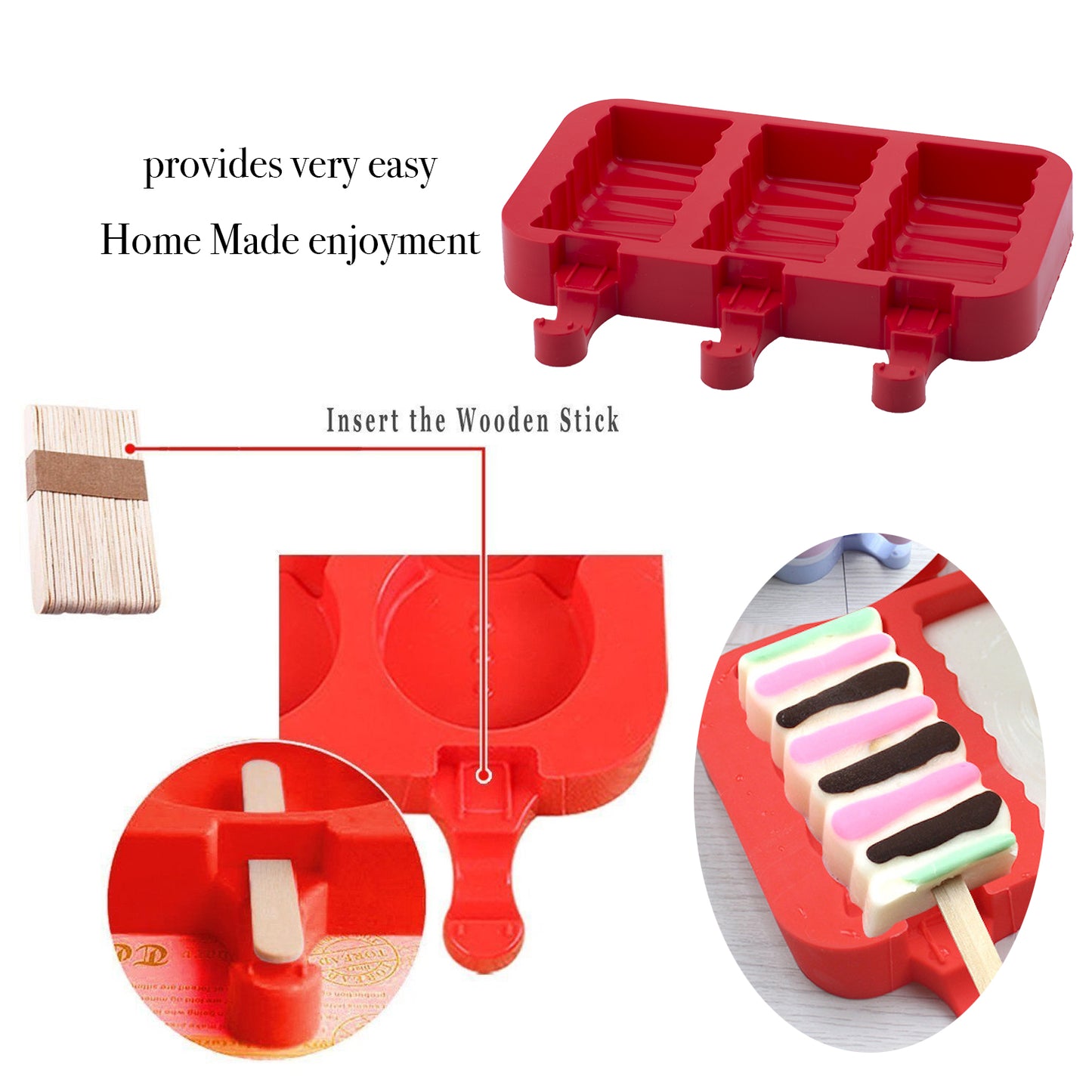 beicemania® Eis am Stiel-Form, rechteckig, quadratisch, Wirbel, Eis am Stiel-Maker, rote Eis am Stiel-Form aus Silikon mit hölzernen Eis am Stiel 