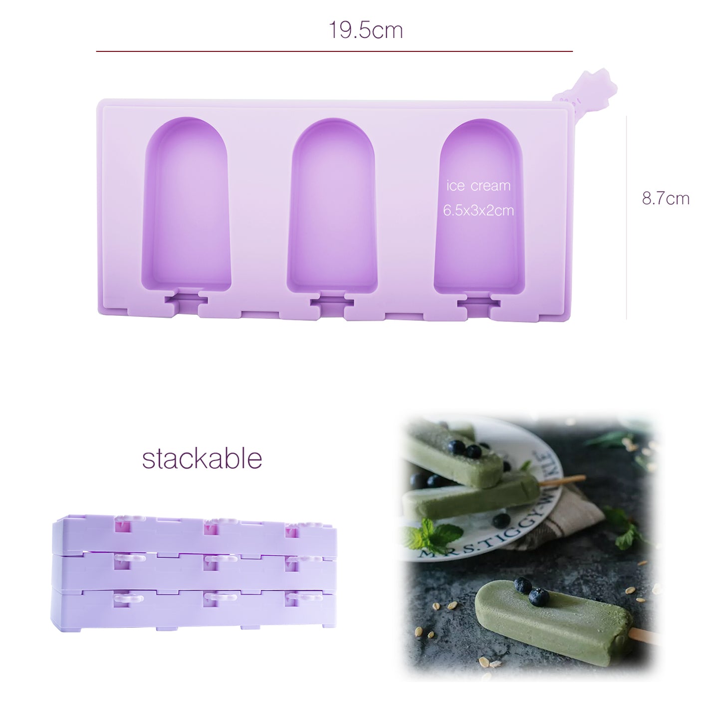 Stackable Ice Lolly mold Mini Oval Classic Ice Lolly Maker Violet Popsicle mold Silicone with Resuable Popsicle Sticks beicemania®