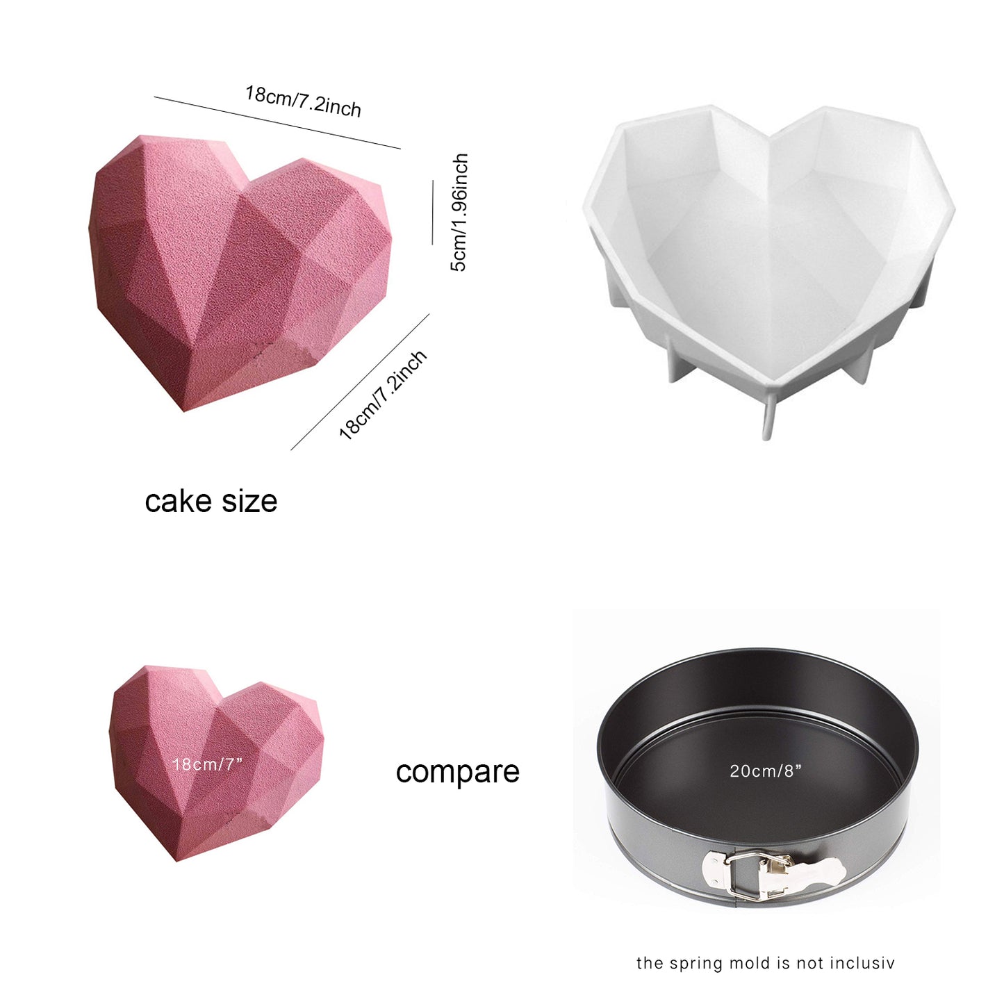 beicemania® Large Cake tin Heart Shaped Cake tin 3D Cake tins Mousse Cake molds Silicone White Diamond Heart Cake tin